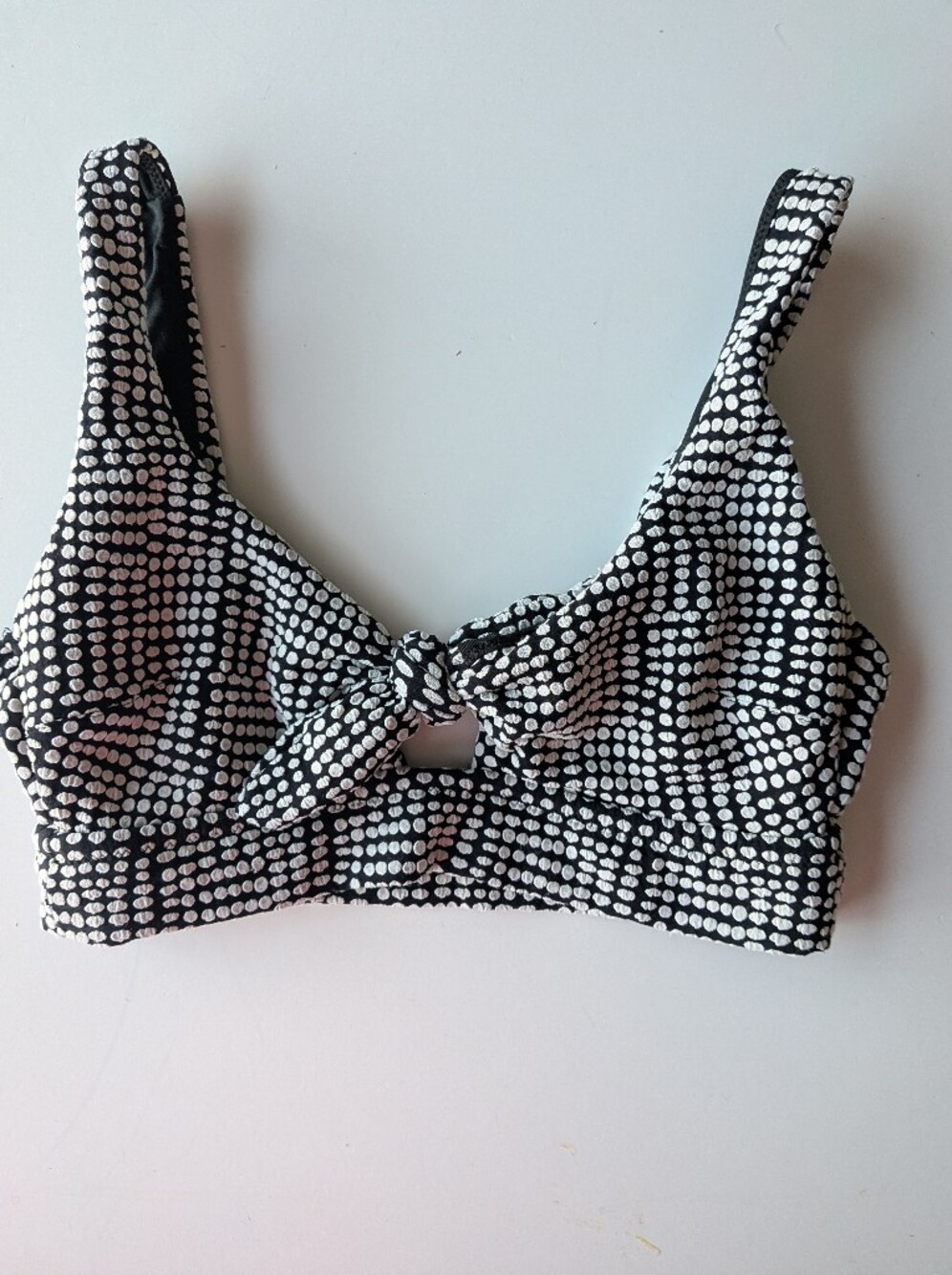Aerie Textured Polka Dot Tie Front Scoop Bikini Top Black White Small
